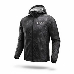 Huk Fishing Rain Jacket Mens Large Kryptek Typhon Camo Black Hooded Windbreaker